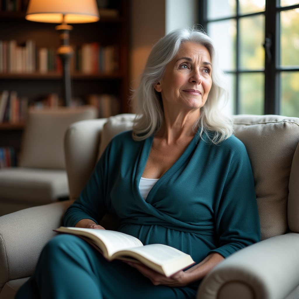 Middle-aged woman sitting at a window, writing in a journal with a contemplative expression, warm afternoon light