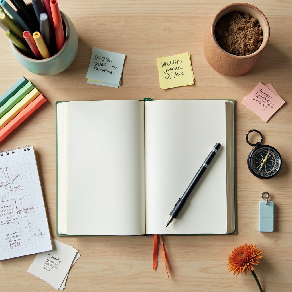 Organized workspace with vision board materials, colored pens, and a journal open to a blank page