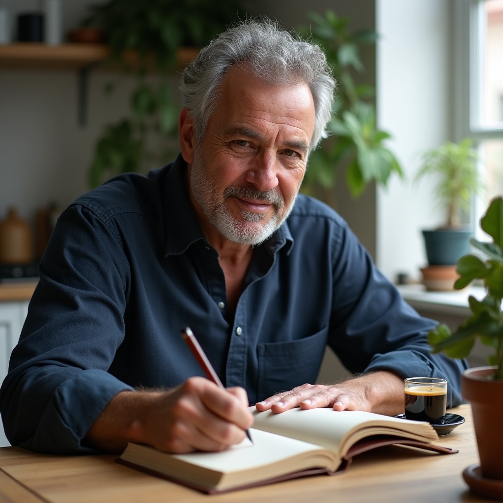 Adult writing in a journal during a quiet morning routine with soft natural light