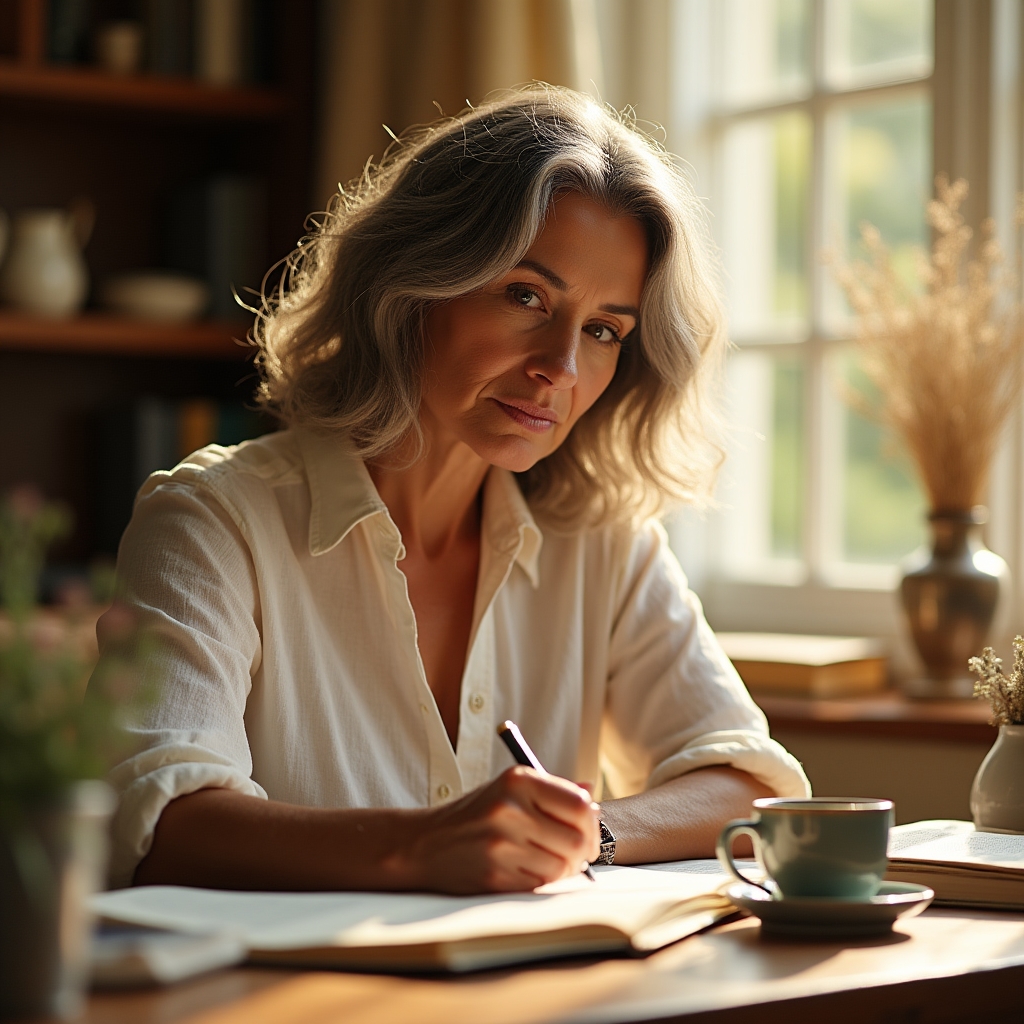 Person writing thoughtfully in a journal at a warm, well-lit desk